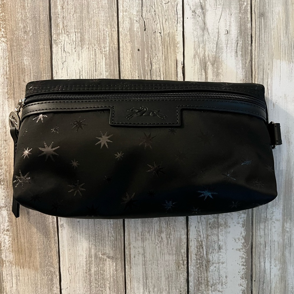 NWT Longchamp makeup or accessories pouch in black nylon with black stars